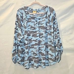 Ruby Rd. Blue and grey camo print waffle knit quarter button long sleeve shirt